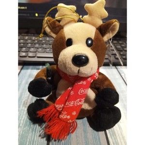 Coca Cola Bean Bag Plush Reindeer in Coca Cola Snowflake Scarf 1998.  6" sitting
